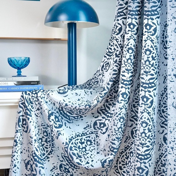 Navy and Silver Damask Medallion Curtains 54”Wx95”L, 2 Panels - Picture 3 of 8